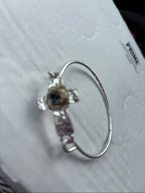 Silver Cross Bangle Bracelet with Black Stone Accent